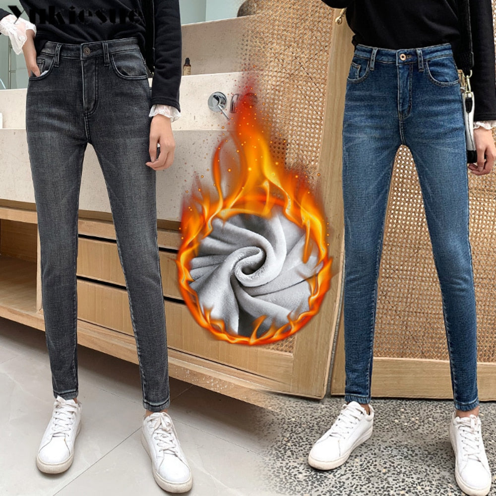 Winter Thick female Velvet Women High Waist Skinny Jeans Simple Fleece Warm Slim fit Stretch Ladies Casual Denim Pencil Pants