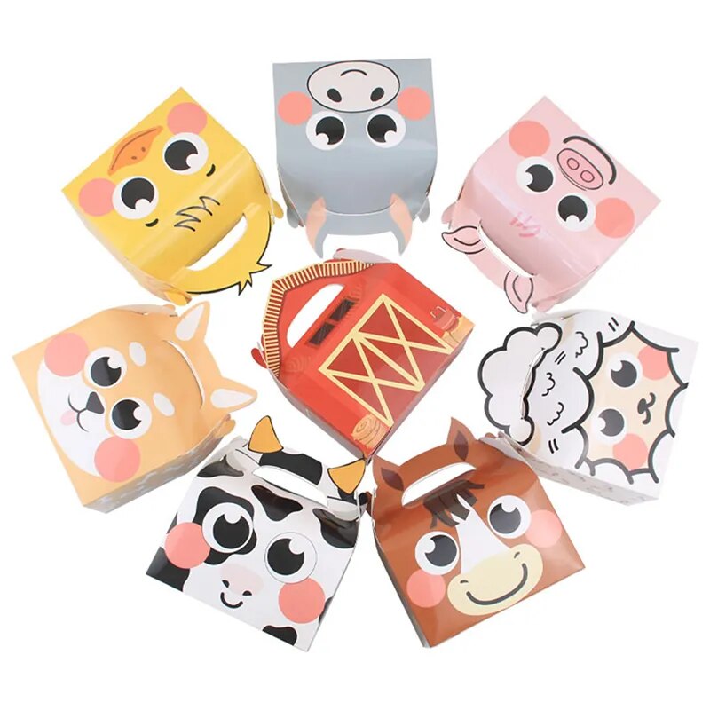 5Pcs Farmland Carton Animal Gift Boxes Paper Biscuit Candy Box For Kids Farm Themed Animal Birthday Party DIY Packaging Supplies