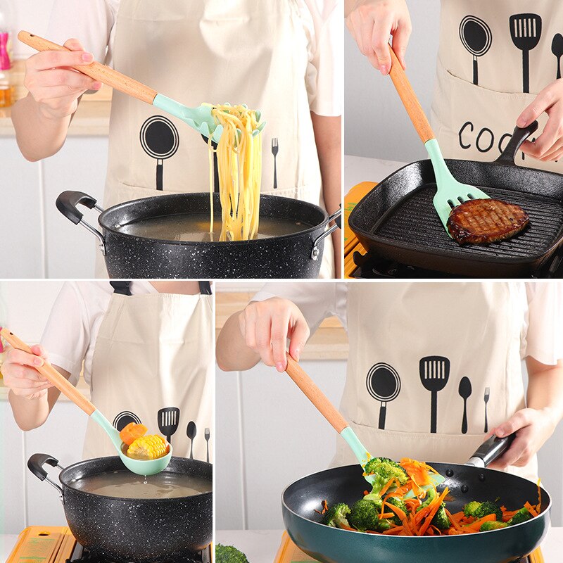 12Pcs Wooden Handle Silicone Kitchen Utensils With Storage Bucket High Temperature Resistant And Non Stick Pot Spatula And Spoon