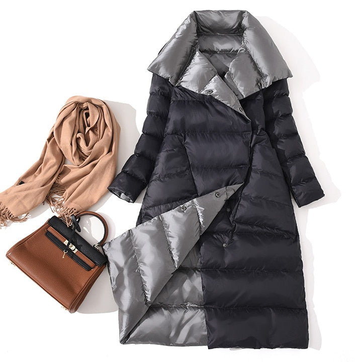 Duck Down Jacket Women Winter Long Double Sided Plaid Coat Female  Warm Down Parka Slim Outwear