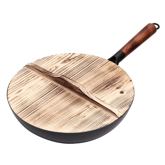 32cm Iron Wok Traditional High Quality Carbon Steel Wok Non-stick Woks Pan with Wood lid Kitchen Cookware for All Stoves