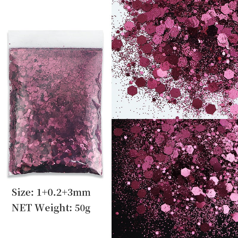 50G Holographic Mixed Hexagon Shape Chunky Nail Glitter Silver Sequins Laser Sparkly Flakes Slices Manicure Nails Art Decoration