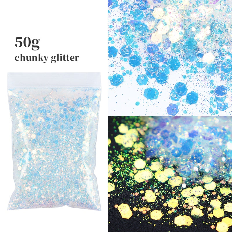 50G Holographic Mixed Hexagon Shape Chunky Nail Glitter Silver Sequins Laser Sparkly Flakes Slices Manicure Nails Art Decoration