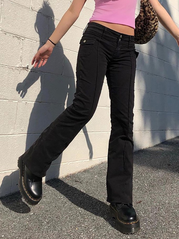 ALLNeon Indie Aesthetics Slim Low Waist Flare Pants E-girl Vintage Pockets Solid Y2K Pants Autumn 90s Fashion Black Trousers