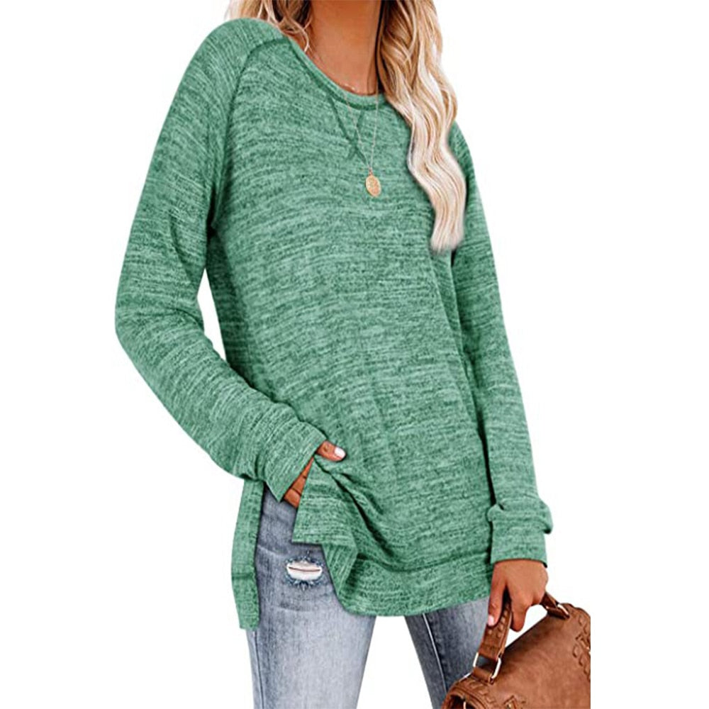 Women's Casual Long Sleeve Solid Split Tops Elegant Front Tunics Shirt