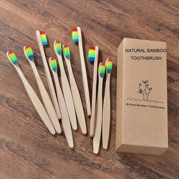 Novo design cor mista escova de dentes de bambu eco friendly escova de dentes de madeira cerdas macias ponta de carvão vegetal adultos escova de dentes de cuidados orais