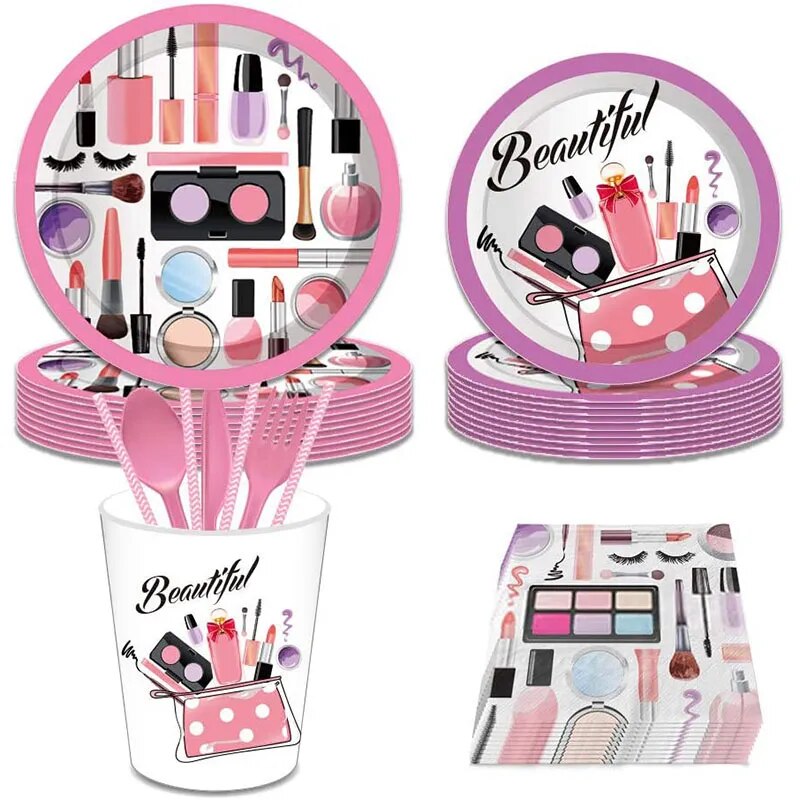 Spa Makeup Theme Party Supplies Disposable Tableware Plates Cups Straws Balloons for Birthday Girls Party Spa Party Decorations