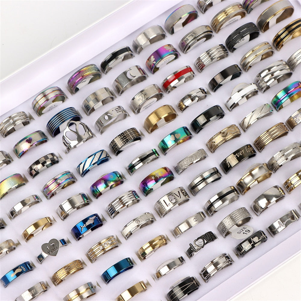 Wholesale 100pcs/lot Fashion Stainless Steel Jewelry Rings For Women Men Mix Style Party Gifts No Fade