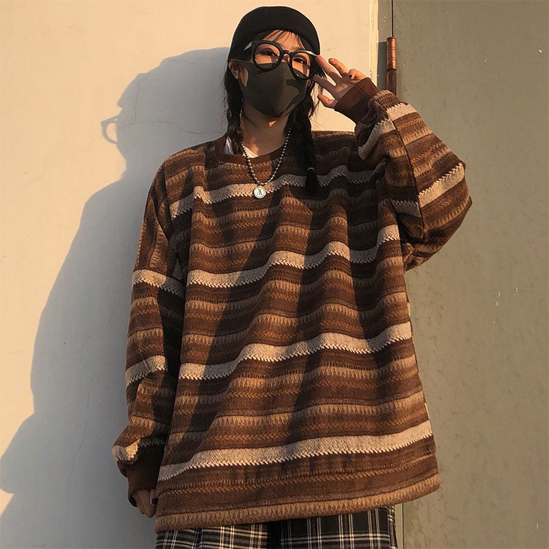 Women Striped Knit Sweater Spring Autumn Retro Hip Hop Pullovers Tops