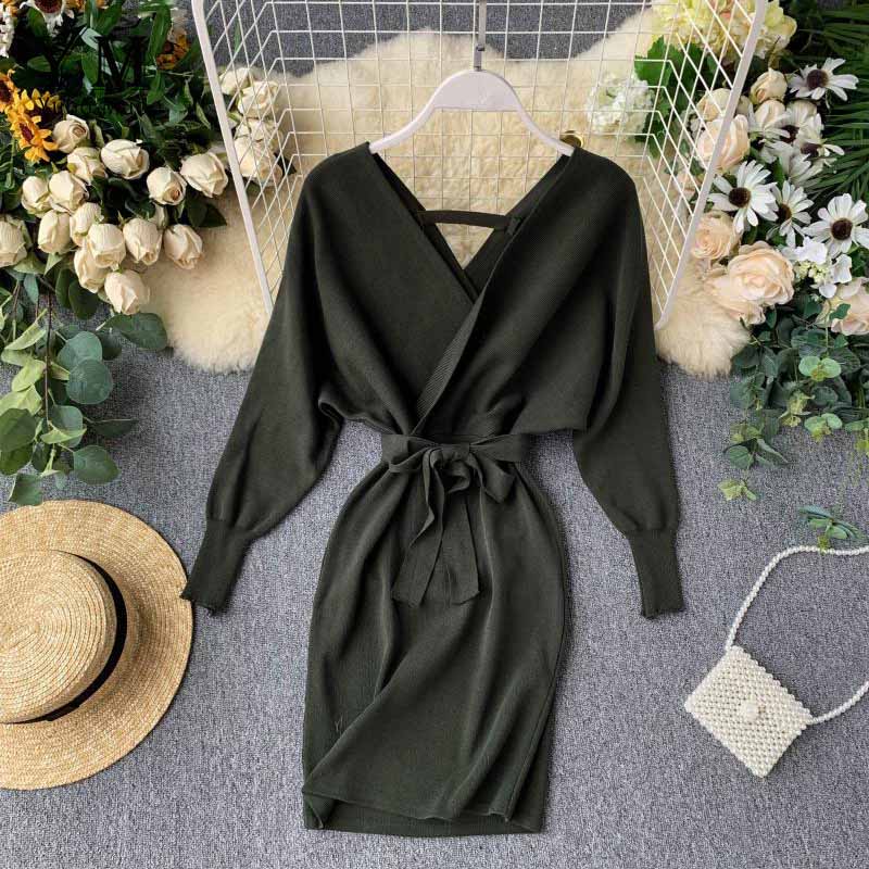 Autumn Winter Women Knitted Sweater Dress Long Batwing Sleeve V Neck Elegant Dress Ladies Bandage Dress