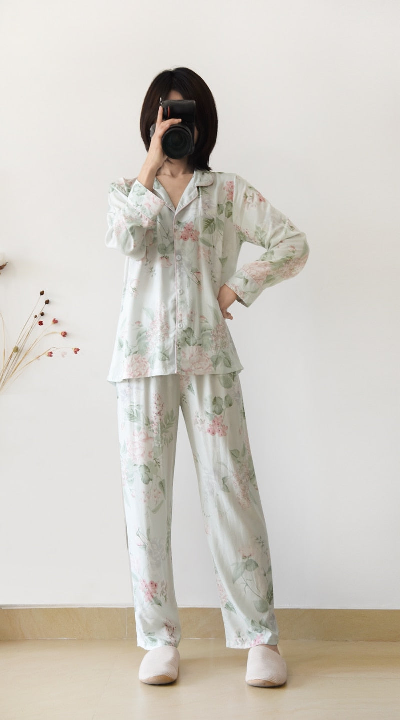 Women's pajamas Viscose fiber silk long-sleeved trousers suit flower printing home service