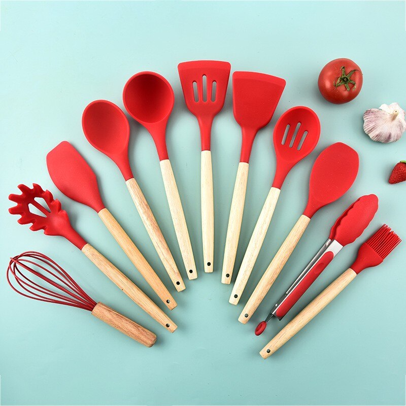 12Pcs Wooden Handle Silicone Kitchen Utensils With Storage Bucket High Temperature Resistant And Non Stick Pot Spatula And Spoon