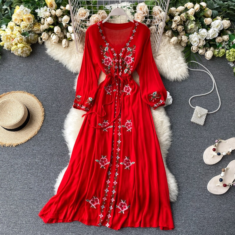 Women's Dress Travel Photography Holiday Long Dress New Retro Ethnic Style Embroidered V-neck Lantern Sleeve Dress