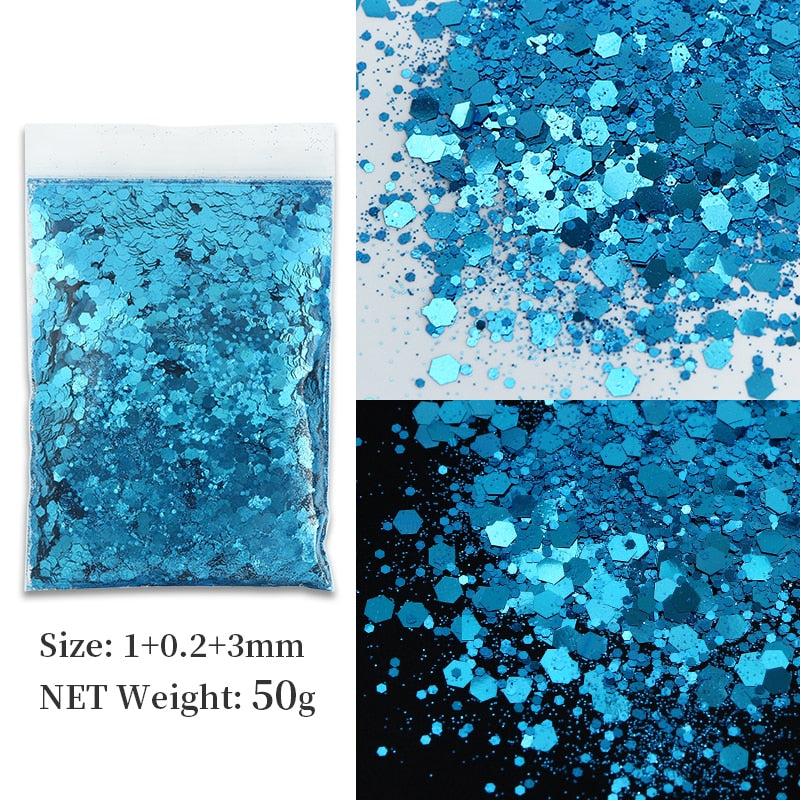 50G Holographic Mixed Hexagon Shape Chunky Nail Glitter Silver Sequins Laser Sparkly Flakes Slices Manicure Nails Art Decoration