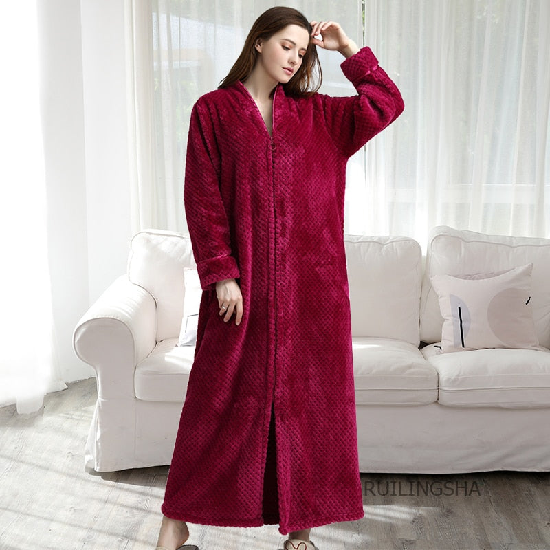 Women Winter Plus Size Long Warm Flannel Hooded Bathrobe - Zipper Bath Robe Pregnant Night Dressing Gown Men Sleepwear