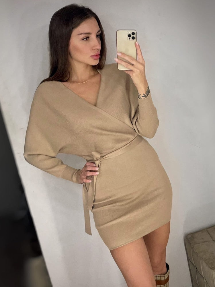 Autumn Winter Women Knitted Sweater Dress Long Batwing Sleeve V Neck Elegant Dress Ladies Bandage Dress