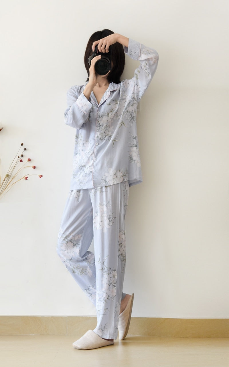 Women's pajamas Viscose fiber silk long-sleeved trousers suit flower printing home service