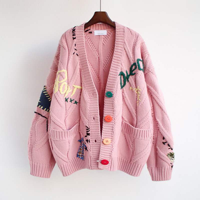 Letter Embroidery Loose Sweaters Women Winter Women Coat Cardigan Preppy Style Clothes Y2K Sweet Girl Casual Knit Sweater Top