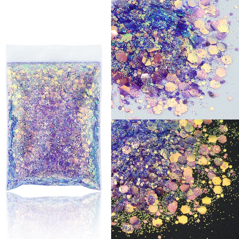 50G Holographic Mixed Hexagon Shape Chunky Nail Glitter Silver Sequins Laser Sparkly Flakes Slices Manicure Nails Art Decoration