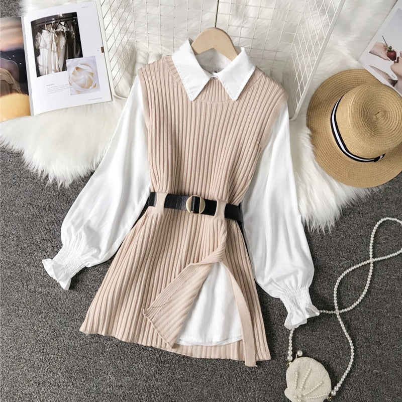 Spring Autumn Women's Lantern Sleeve Shirt Knitted Vest Two Piece Sets of College Style Waistband Vest Two Sets Top