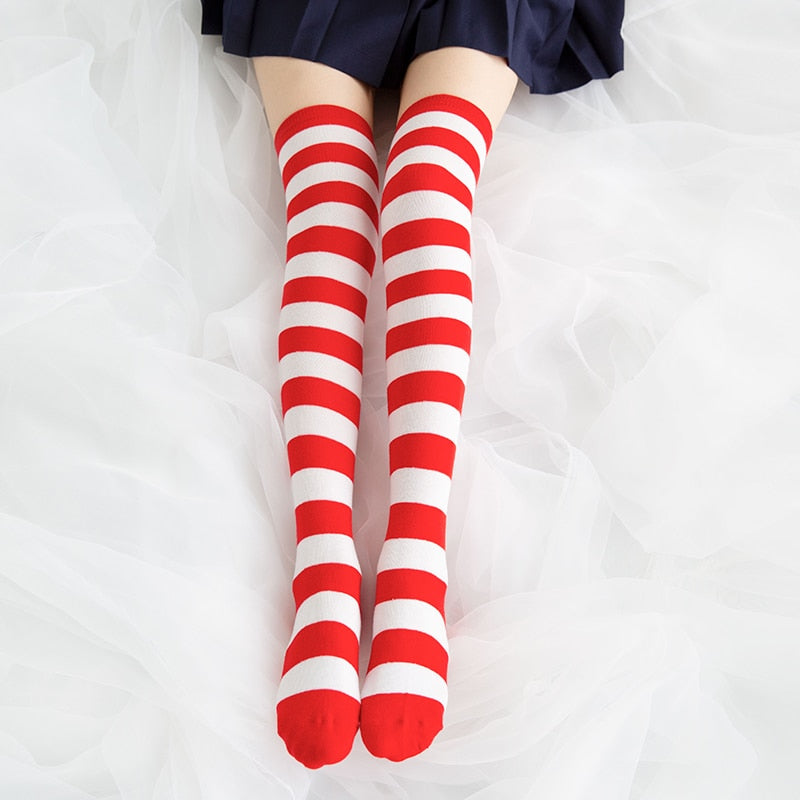 Over Knee Black White Blue Red Long Stripe Japanese Cartoon Tight High For Women Girl Cosplay Student Kawaii Tights