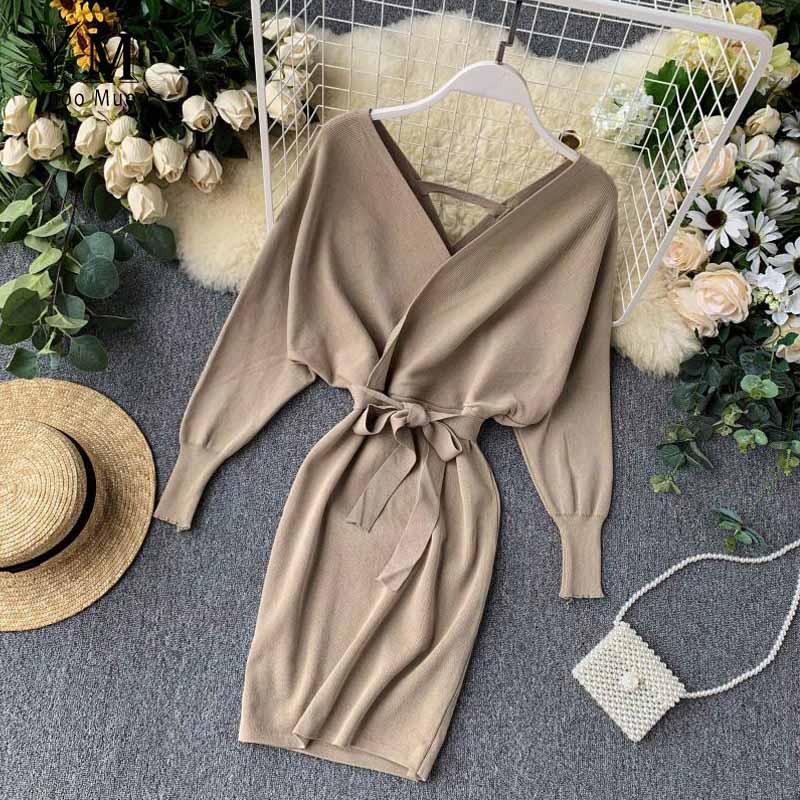 Autumn Winter Women Knitted Sweater Dress Long Batwing Sleeve V Neck Elegant Dress Ladies Bandage Dress