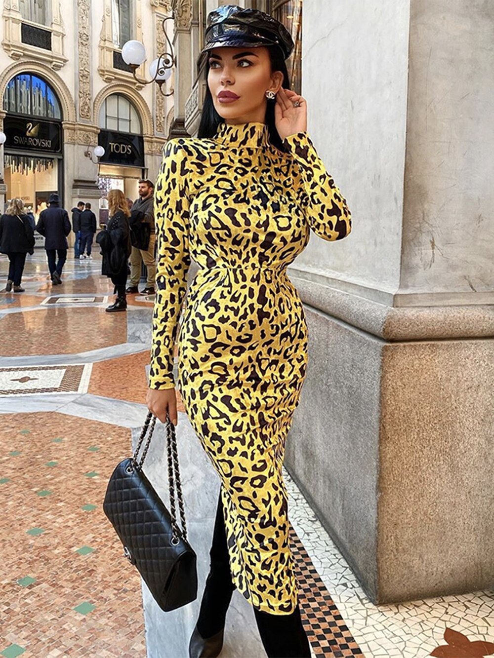 Leopard Print Long Dress Elegant Women Long Sleeve Bodycon Dress Celebrity Evening Party Runway Vestidos