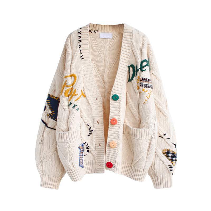 Letter Embroidery Loose Sweaters Women Winter Women Coat Cardigan Preppy Style Clothes Y2K Sweet Girl Casual Knit Sweater Top