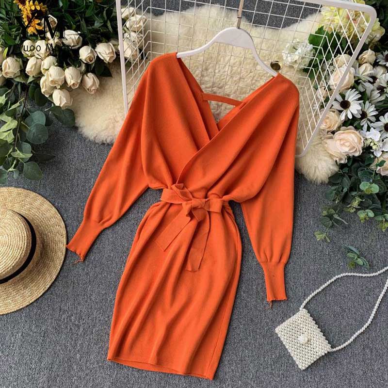 Autumn Winter Women Knitted Sweater Dress Long Batwing Sleeve V Neck Elegant Dress Ladies Bandage Dress