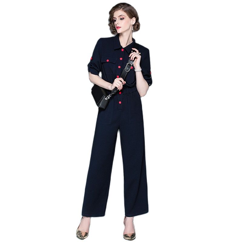 Women's  lapel cropped sleeves autumn jumpsuit