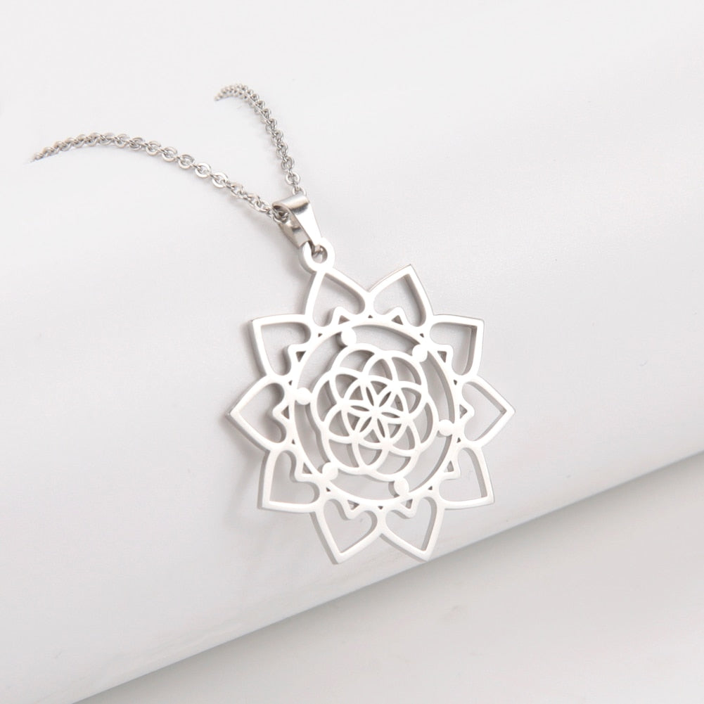 Gold Plated Flower of Life Pendant Necklace for Women Mandala Chakra Stainless Steel Charms Jewelry Sacred Geometry Amulet Gift