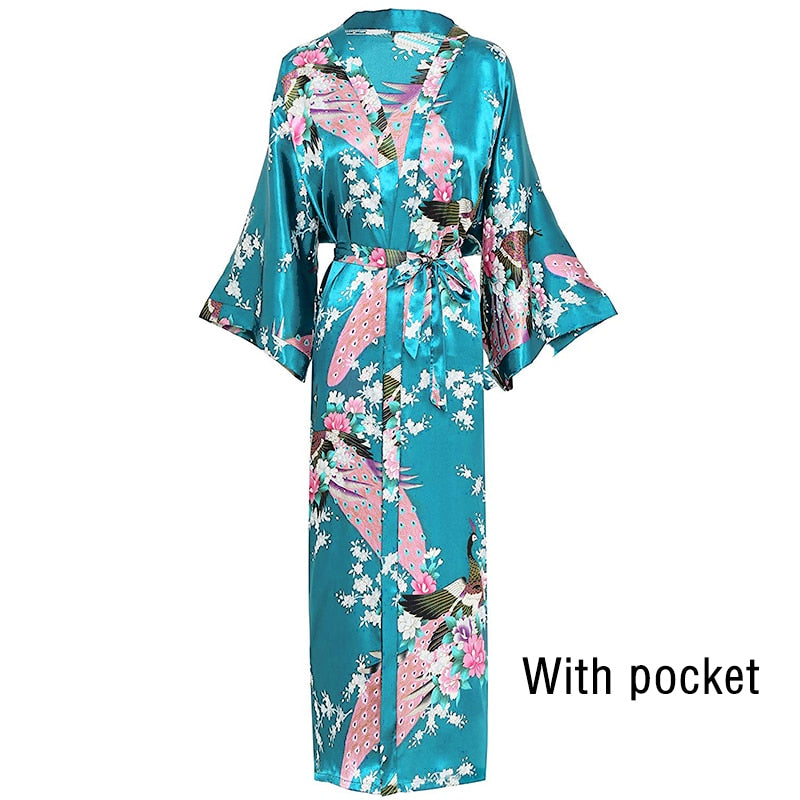 Sexy Women Long Robe With Pocket Wedding Bride Bridesmaid Dressing Gown Rayon Kimono Bathrobe Large Size S-XXXL Night Dress