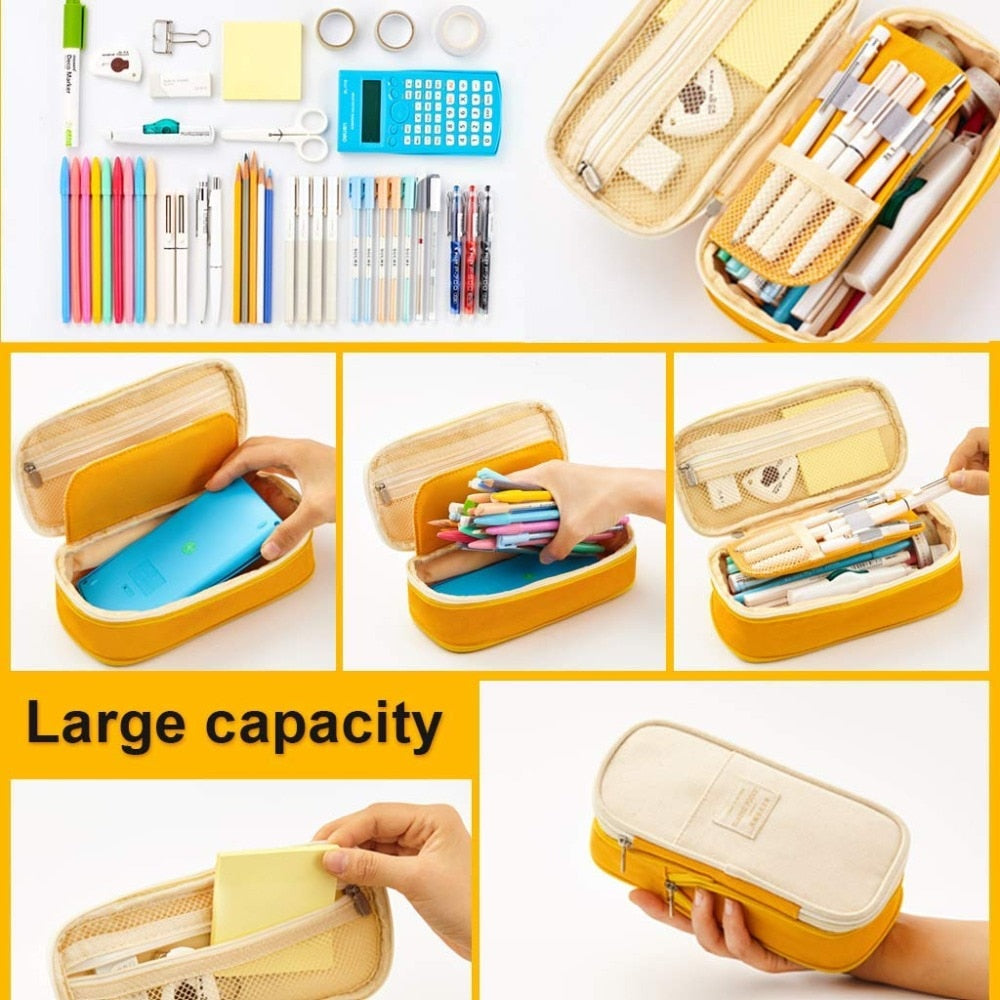 Kawaii Pencil Case Macaron Color Canvas Stretch Double Layer Large Capacity Pencil Box Cute Pencilcase Kids School Stationery