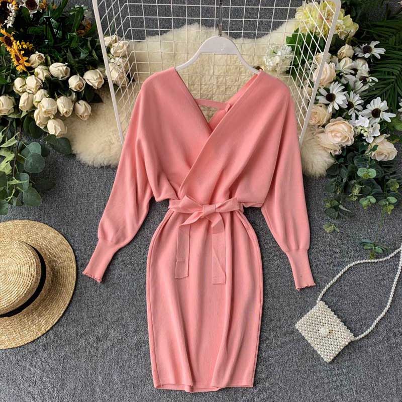 Autumn Winter Women Knitted Sweater Dress Long Batwing Sleeve V Neck Elegant Dress Ladies Bandage Dress