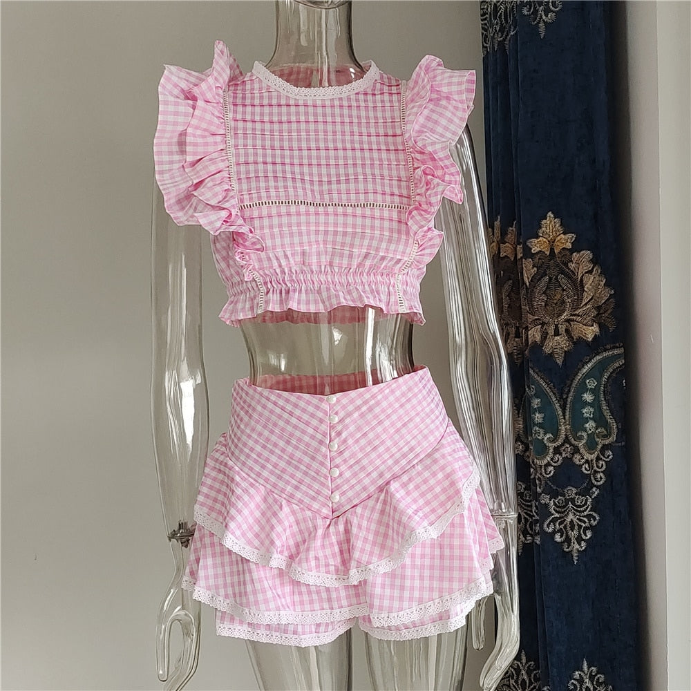 Sunday Set elastic waistband Cropped top with ruffle detail and cute ruffle mini shorts skirts