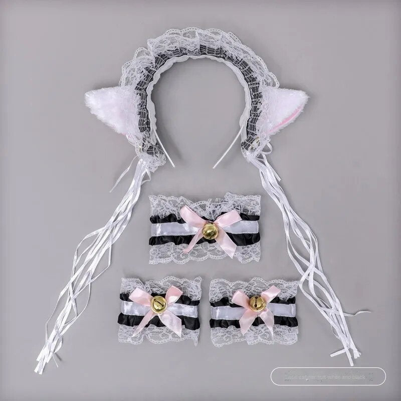 Women Lolita Girl Cat Fox Ear Headband Bow Neckwear Bell Tail Maid Housemaid Party  Anime Cosplay Costume Halloween Christmas