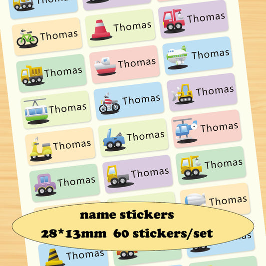 3Size Boy Cartoon Cars Pattern Custom Personal Name Stickers Transportation Waterproof Tag Label For Scrapbook School Stationery