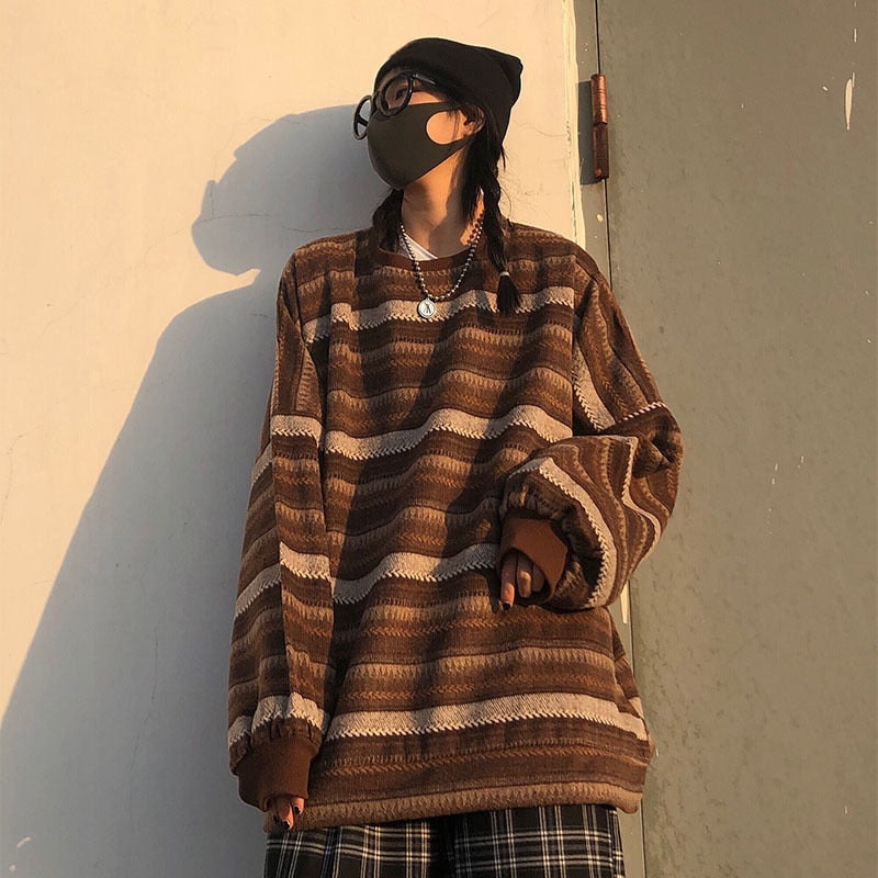 Women Striped Knit Sweater Spring Autumn Retro Hip Hop Pullovers Tops