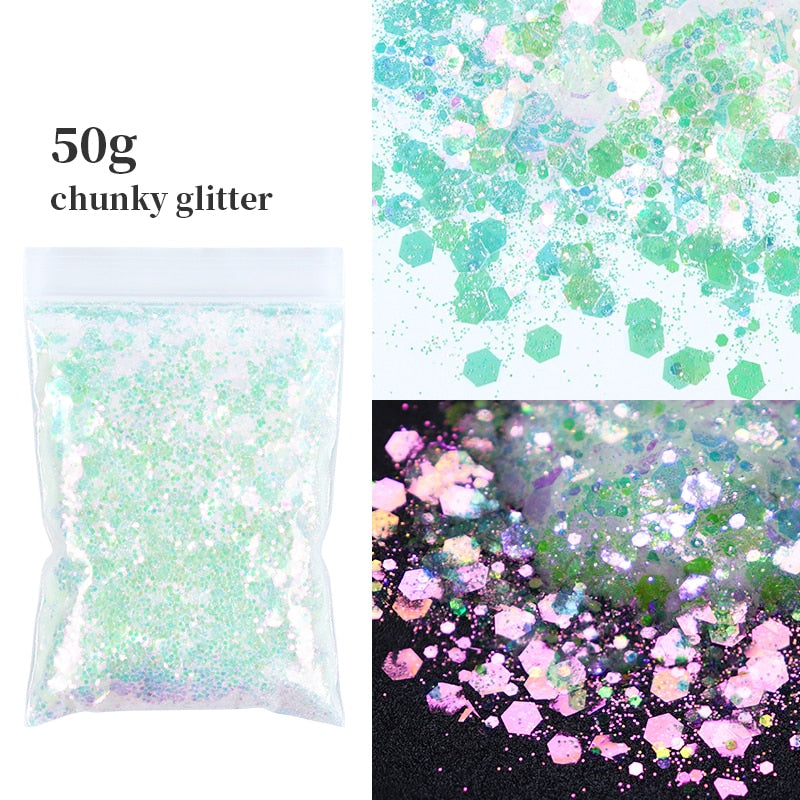 50G Holographic Mixed Hexagon Shape Chunky Nail Glitter Silver Sequins Laser Sparkly Flakes Slices Manicure Nails Art Decoration