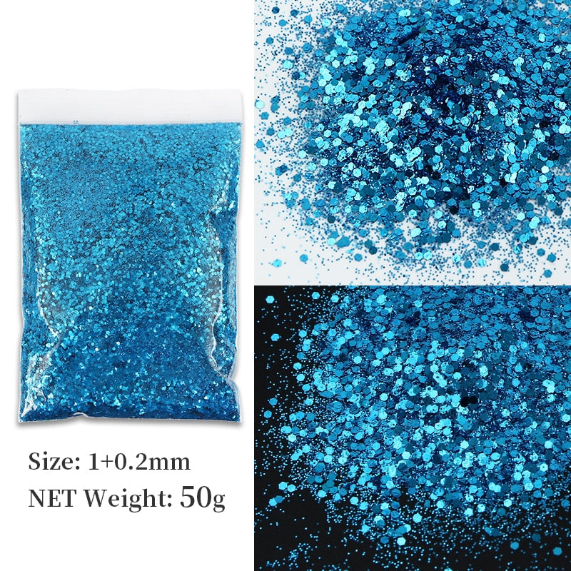 50G Holographic Mixed Hexagon Shape Chunky Nail Glitter Silver Sequins Laser Sparkly Flakes Slices Manicure Nails Art Decoration