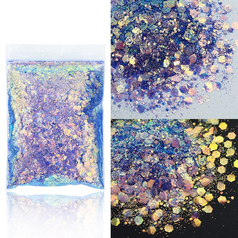 50G Holographic Mixed Hexagon Shape Chunky Nail Glitter Silver Sequins Laser Sparkly Flakes Slices Manicure Nails Art Decoration