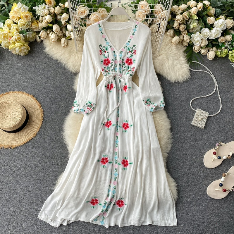 Women's Dress Travel Photography Holiday Long Dress New Retro Ethnic Style Embroidered V-neck Lantern Sleeve Dress