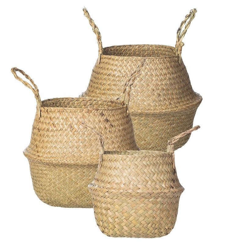 Foldable Wicker Basket Planter Rattan Woven Basket Handmade Seagrass Laundry Storage Basket Home Decor Kitchen Organizer