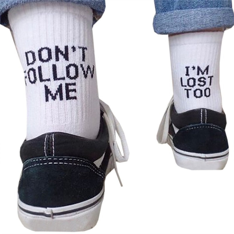 Black White Cotton Socks AB Side Don't Follow Me I'm Lost Too Creative Unisex Women Men Casual Sokken Daily