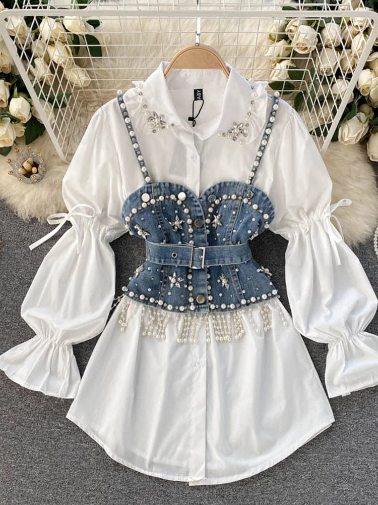 New Temperament Blouse Female Lapel Beaded Stacking Bead Blusa Sling Waistcoat C Fashion Two-piece Shirt Dropship