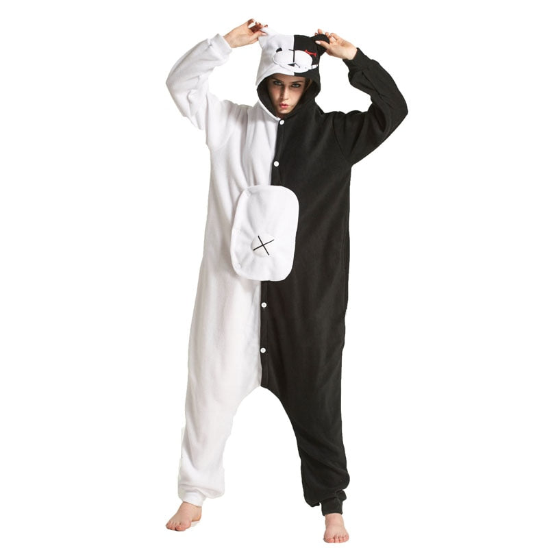 YESKIGU Monokuma Kigurumis Pajama Adult Onesie Anime Bear Jumpsuit Black White Animal Pajamas Women Halloween Party Suit Overall