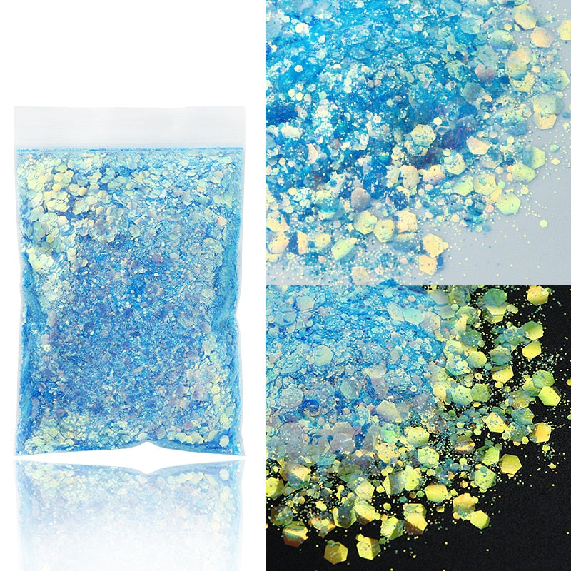 50G Holographic Mixed Hexagon Shape Chunky Nail Glitter Silver Sequins Laser Sparkly Flakes Slices Manicure Nails Art Decoration