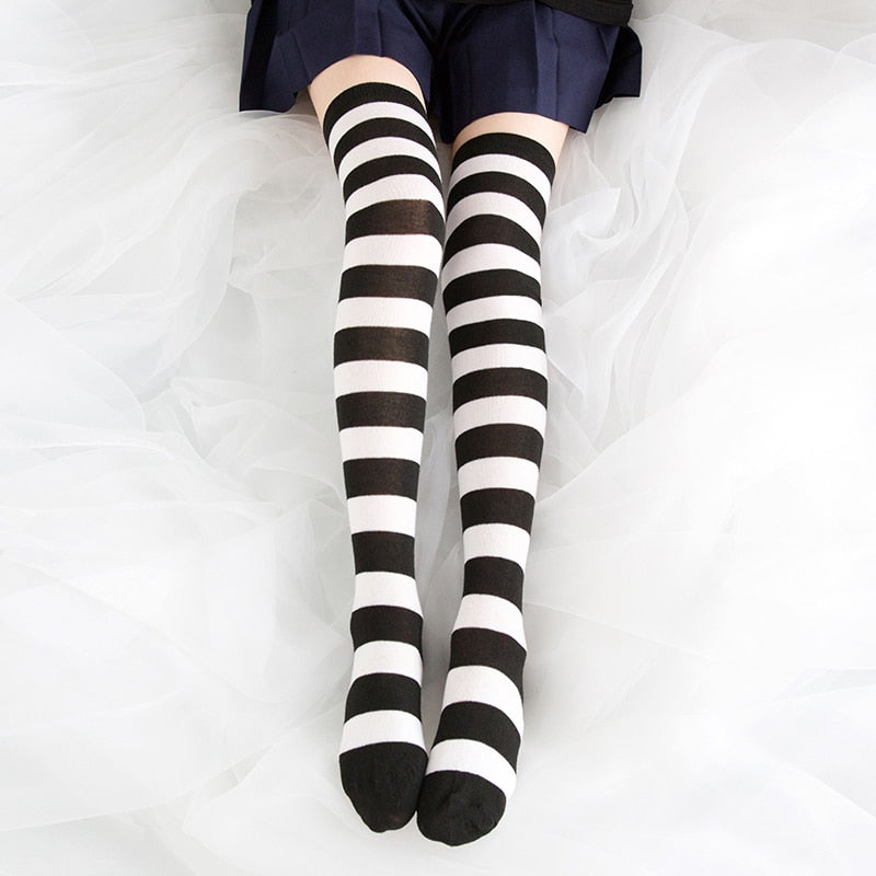 Over Knee Black White Blue Red Long Stripe Japanese Cartoon Tight High For Women Girl Cosplay Student Kawaii Tights