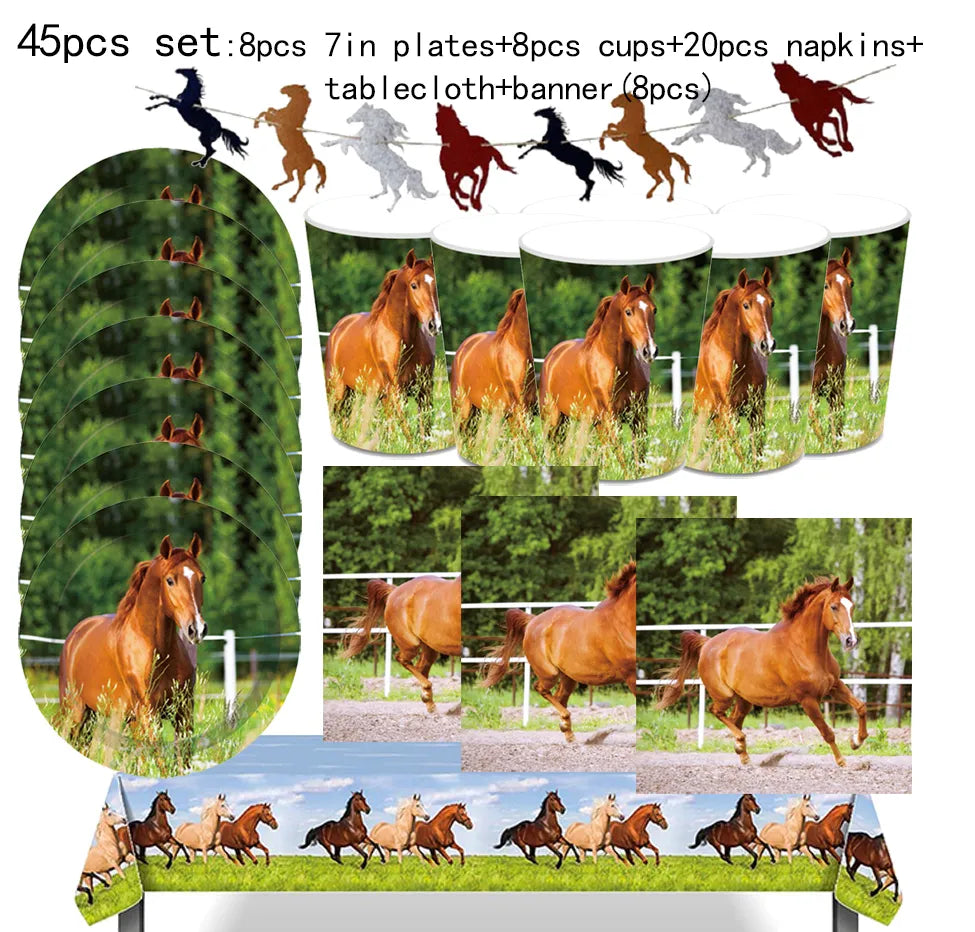 Horse Pony Disposable Tableware Set Kids Birthday Party Supplies Plates Cups Napkins Flag Kids Horse Wedding Cake Decorations