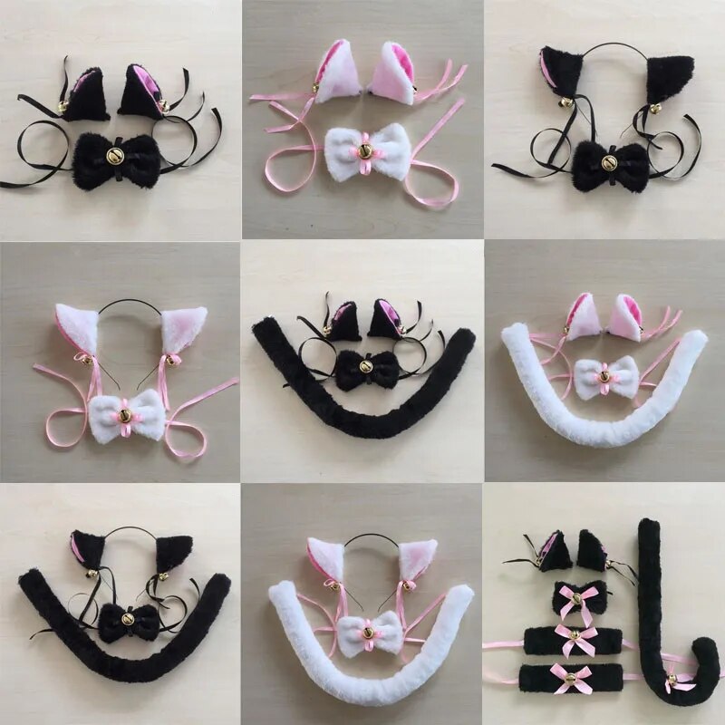 Women Lolita Girl Cat Fox Ear Headband Bow Neckwear Bell Tail Maid Housemaid Party  Anime Cosplay Costume Halloween Christmas